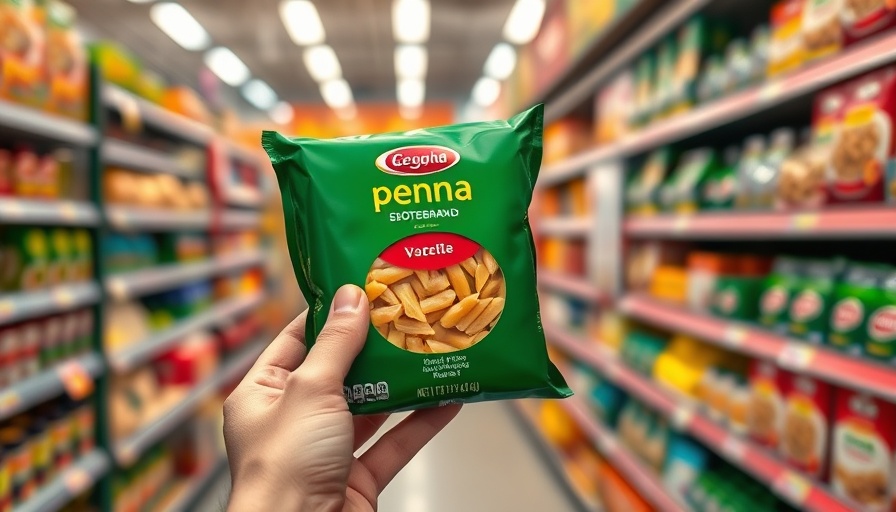 Budget grocery shop showing store-brand penne pasta package.