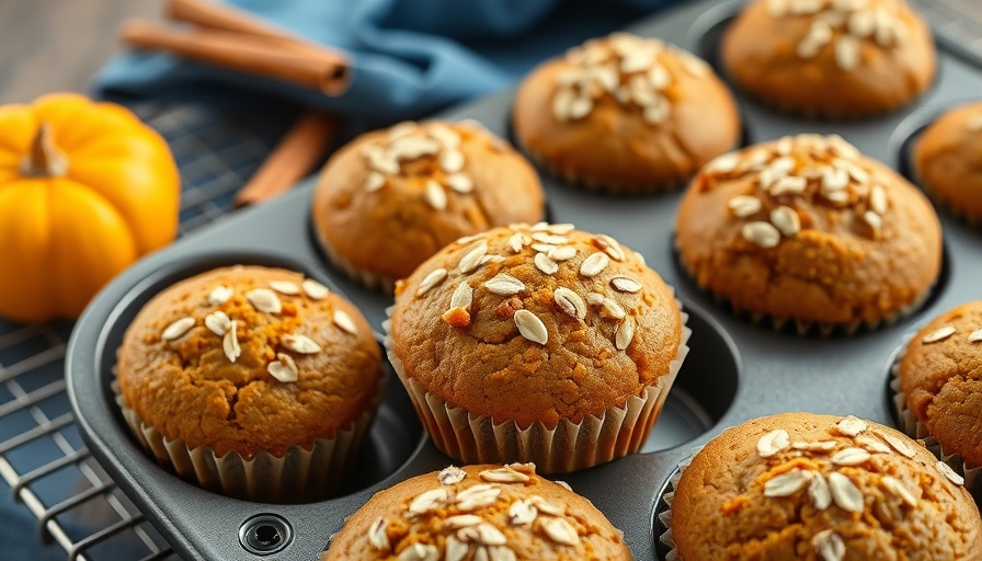 Freshly baked healthy pumpkin muffins with oats in a tray.