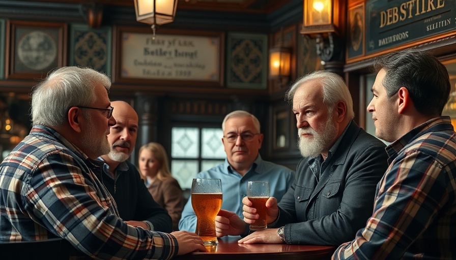 Men having a discussion in a cozy pub with ornate tile walls.