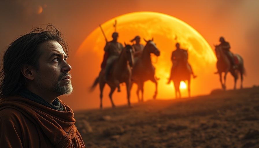 Two thoughtful individuals contemplating apocalyptic horsemen scene, AI and the Book of Revelation theme.