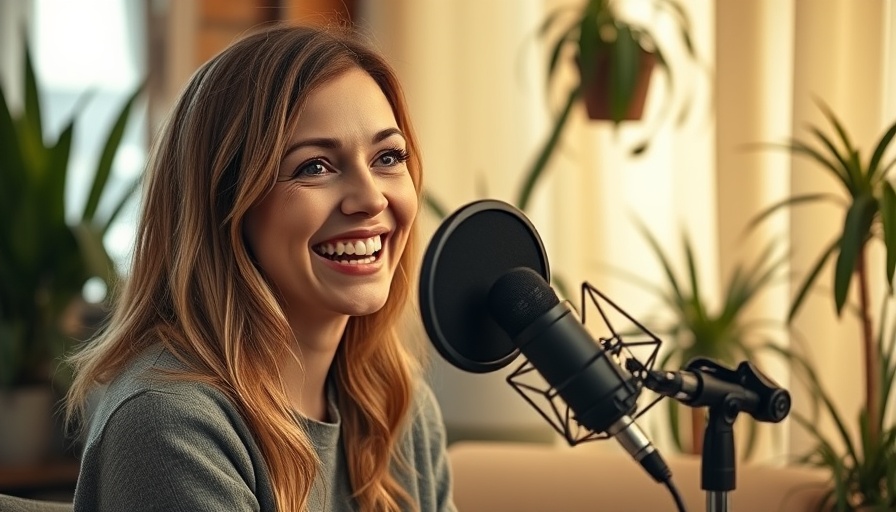 Smiling woman on a podcast discussing AI home design for first-time buyers.