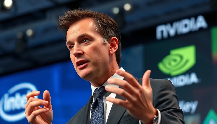 Businessman speaking at tech event with Intel and Nvidia logos.