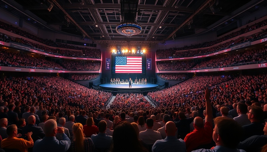 Faith and politics gathering in vast stadium with speaker on screen.