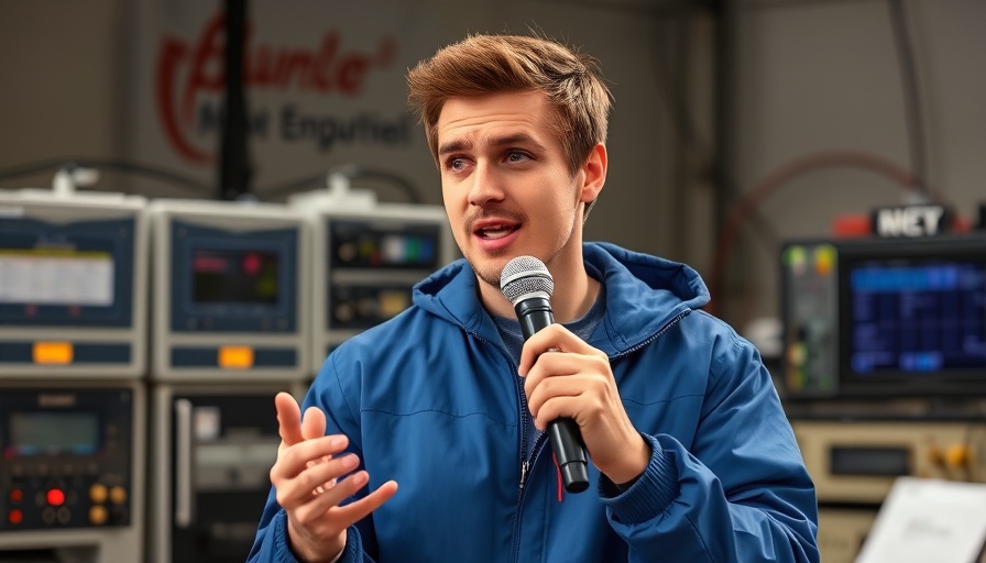 Young man explaining with a microphone, assisted suicide satire.