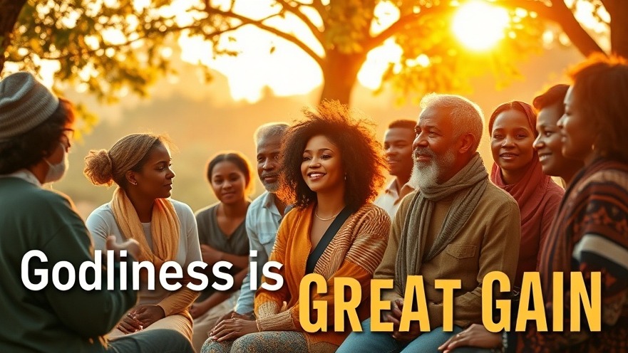 Group of diverse individuals in a peaceful setting discussing spiritual wealth and community.