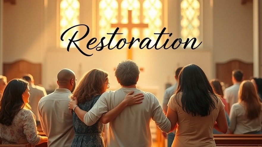 Warm church scene of diverse individuals embracing forgiveness and restoration.