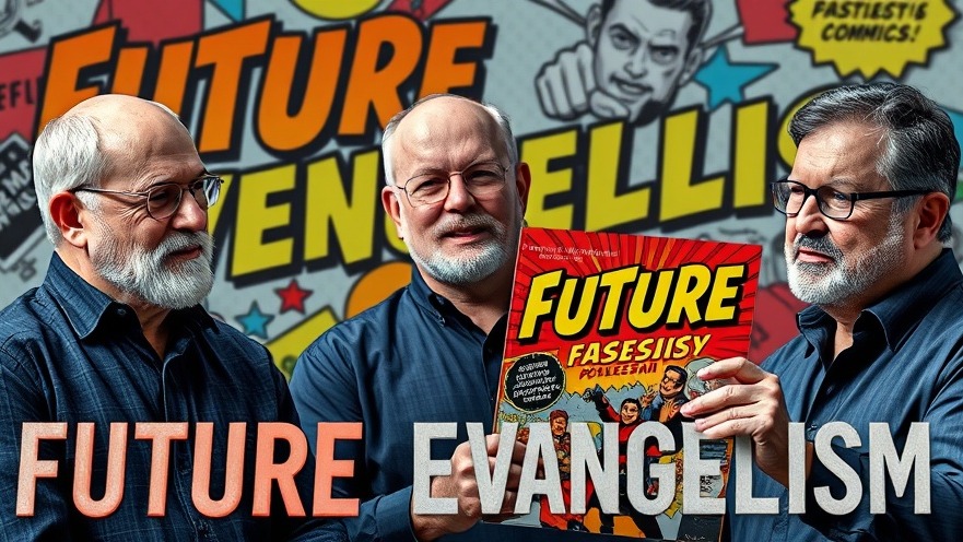 A vibrant comic book cover depicting three men discussing faith through storytelling.