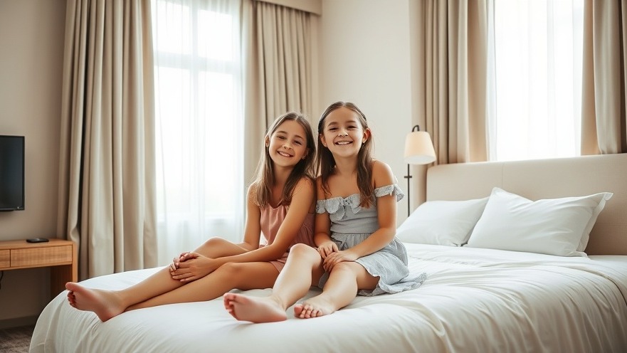 Cheerful sisters relaxing in a bright hotel room, showcasing family vacation trends.