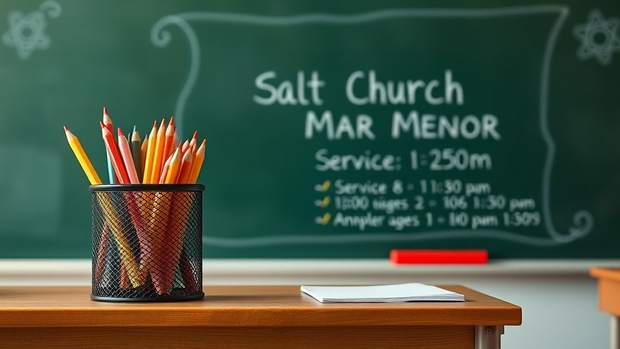 A school desk with colored pencils and a chalkboard, radiating spiritual light and kindness.