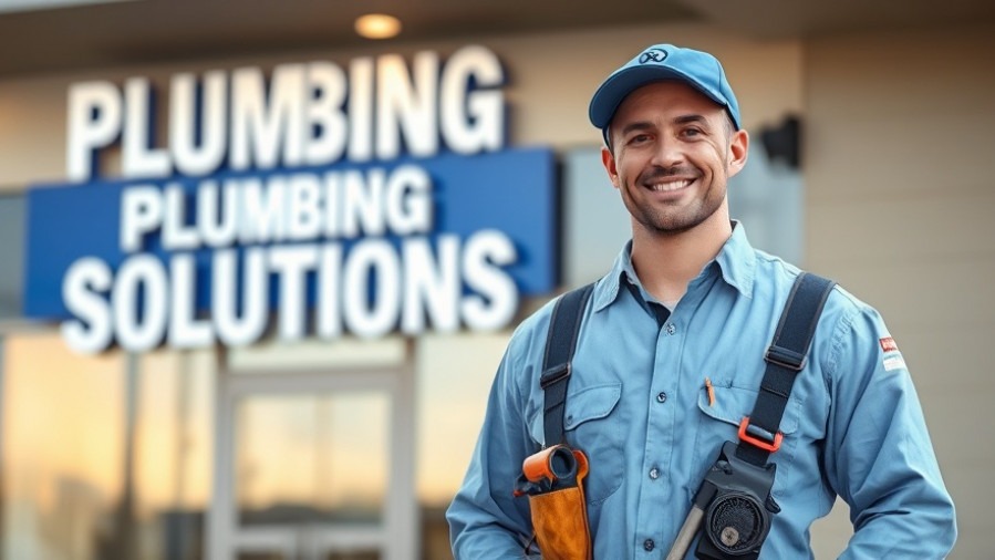 Confident plumber in uniform smiling by commercial building; expert plumbing solutions.