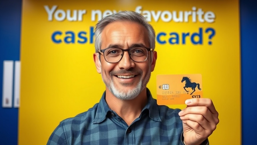 Smiling man with cashback credit card poster, featuring vibrant yellow and blue design.