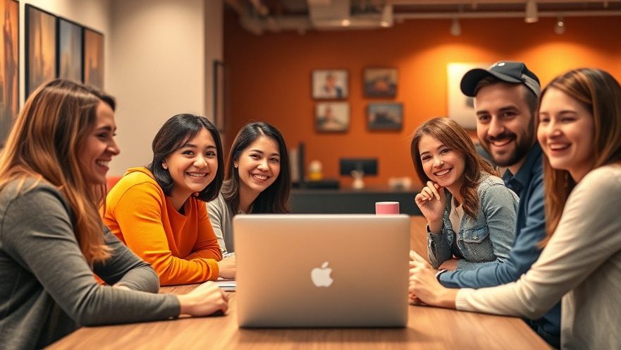 Co-workers smiling in a modern office, engaging around a laptop, warm lighting.