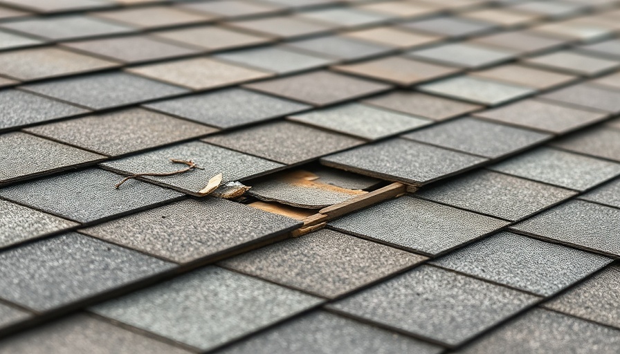 Storm-damaged roof shingles, visible damage on roof.