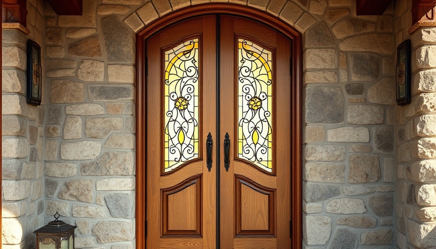 Energy efficient door in cold climates with stained glass and stone wall.