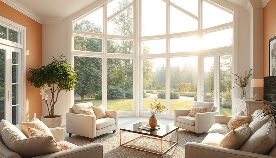 Cozy living room with large windows ready for replacement, offering a garden view.
