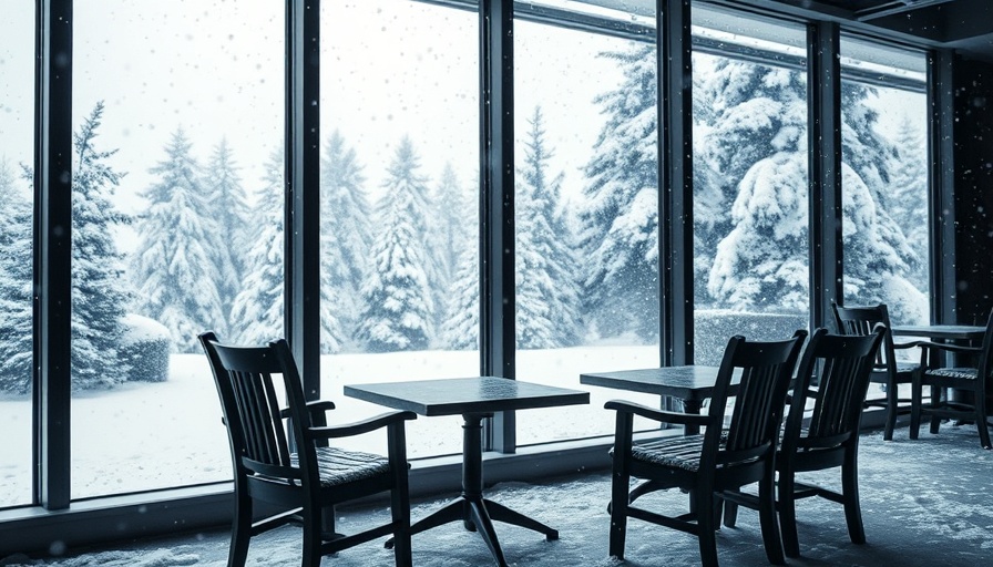 Triple glazing benefits shown by snow outside a warm indoor space with chairs.