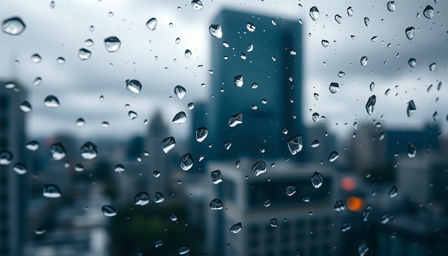 Raindrops on glass window with cityscape view, condensation concept.