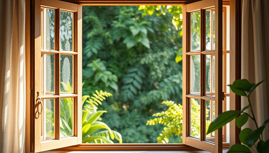 Open window view preventing damp in home with green garden.