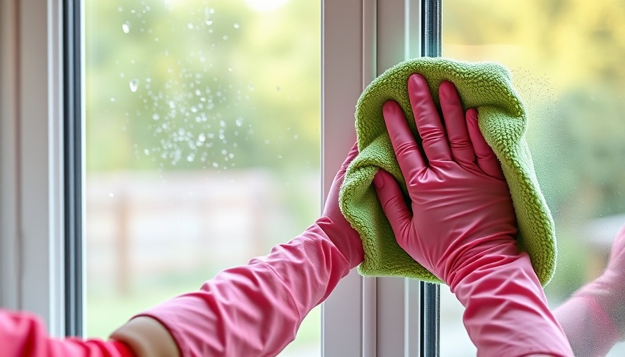 Person cleaning double glazed window with green cloth.