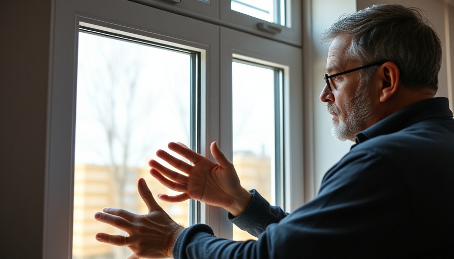 Middle-aged man examining double glazed window, natural light.