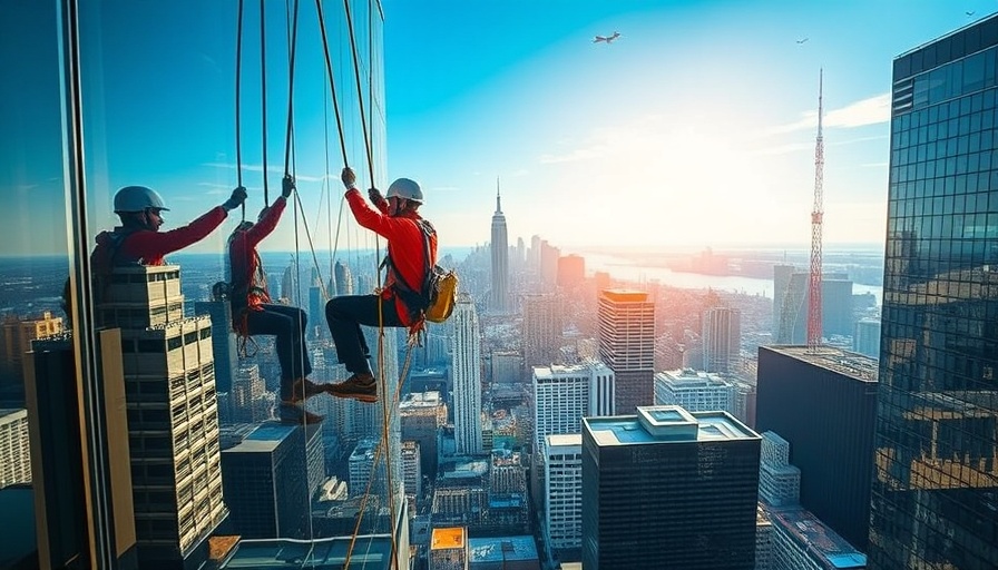 Professional window cleaner ensures impeccable clarity and shine of commercial windows on a skyscraper.