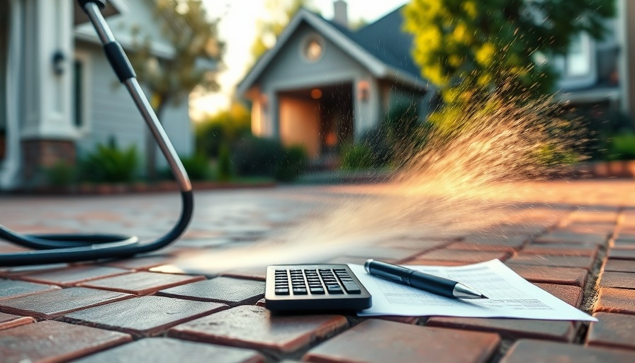 Power washing cost scene with washer, calculator, and papers.