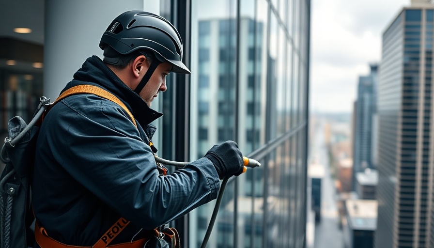 Professional window cleaner working on a tall building, window cleaners nearby