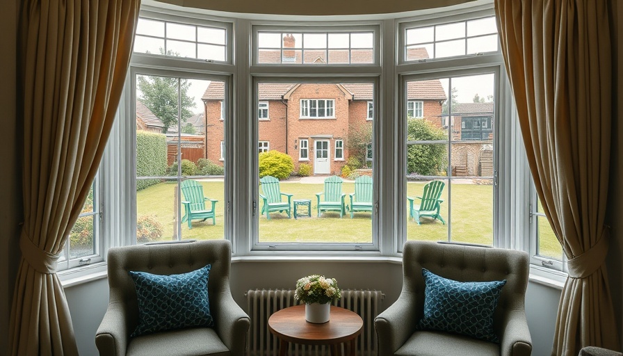 Bay windows with view of scenic garden and brick house.