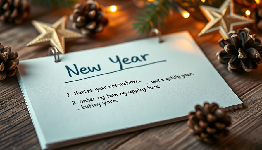 Cozy notepad with New Year resolutions on wooden table.