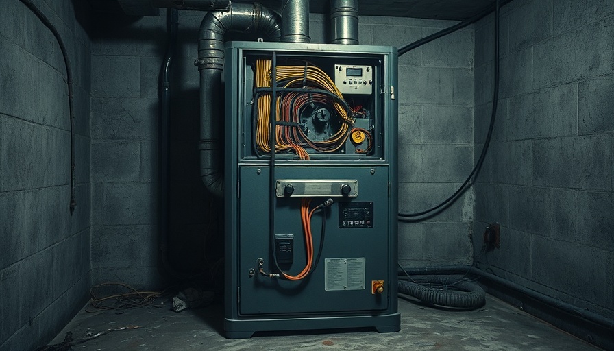 Exposed vintage furnace wiring, industrial basement setting, eco-conscious heating solutions.