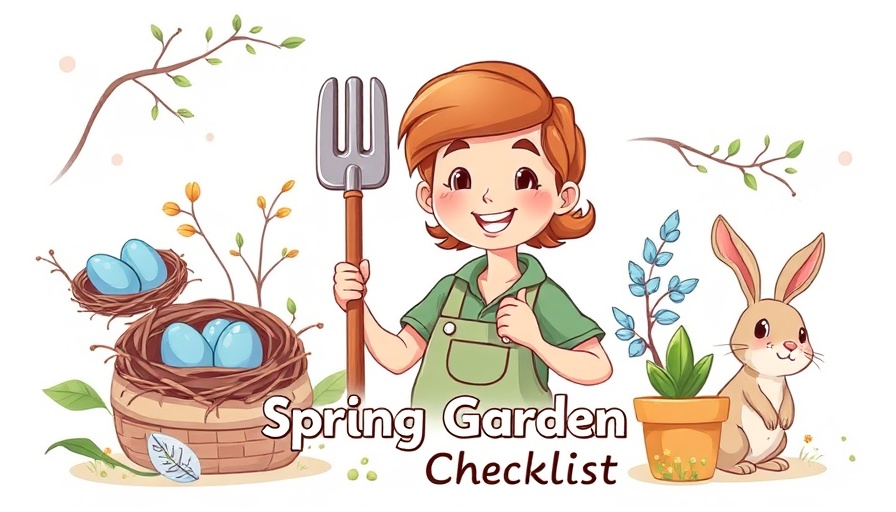 Spring Gardening Checklist illustration with gardener and seasonal elements.