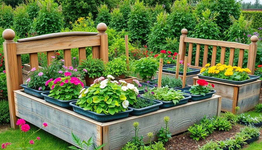 Creative repurposed bed frames in garden beds with vibrant plants.