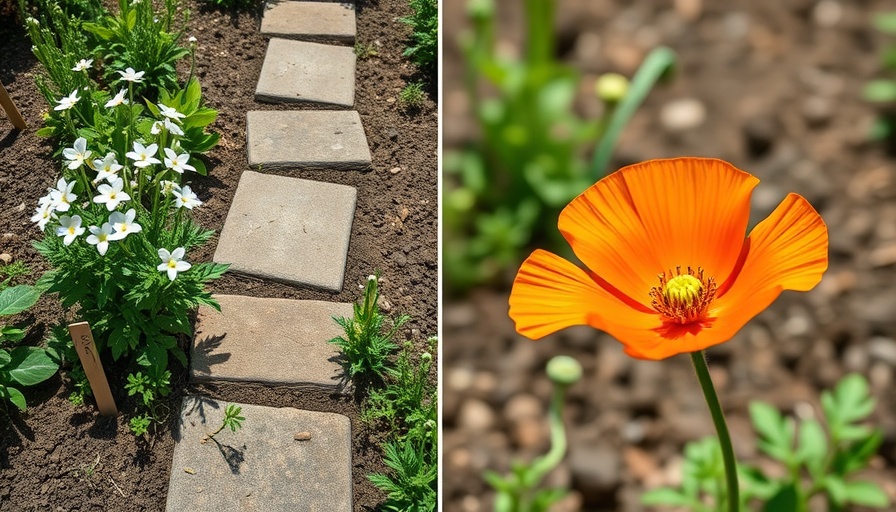Simple gardening tips collage with poppy, path, blossoms, markers, seedlings.