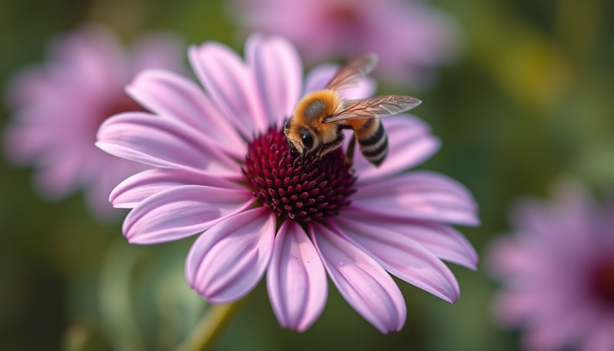 Honeybee near purple coneflower in garden profile.