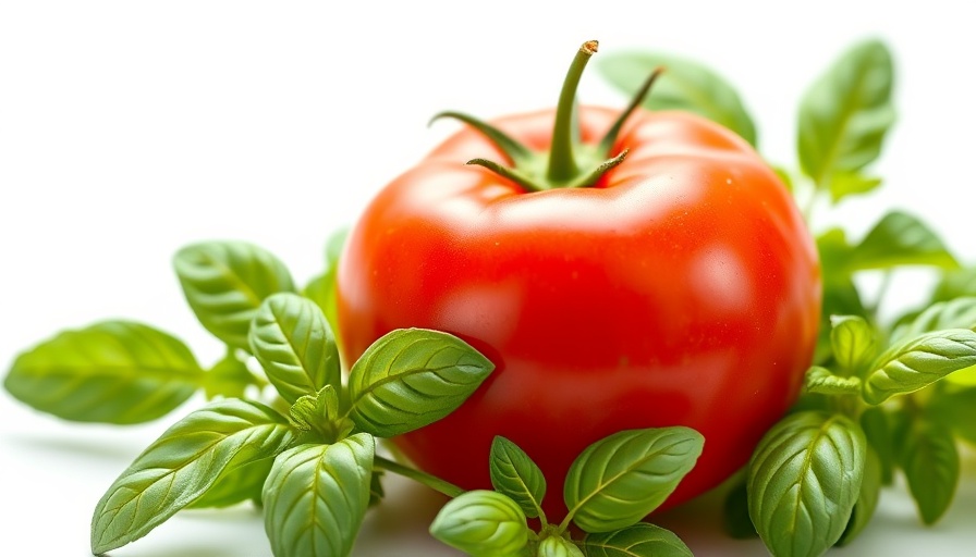 Vibrant tomato with basil indicating companion plant lists.