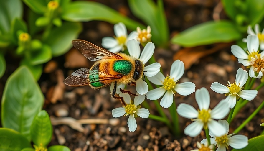 Native bee among white flowers and spring plants.