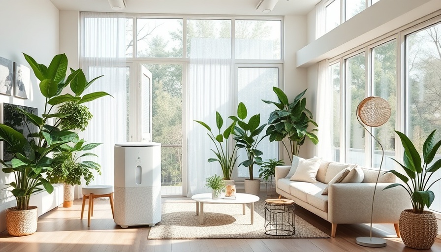 Modern living room with air purifier and plants to improve indoor air quality.