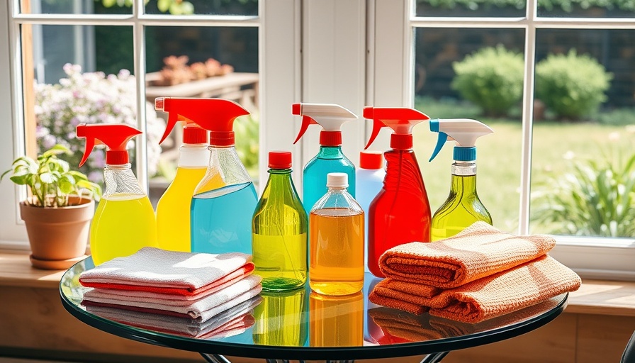 Variety of window cleaning solutions on glass table outdoors.