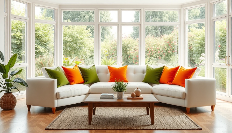 Cozy living room with large windows and colorful garden view.