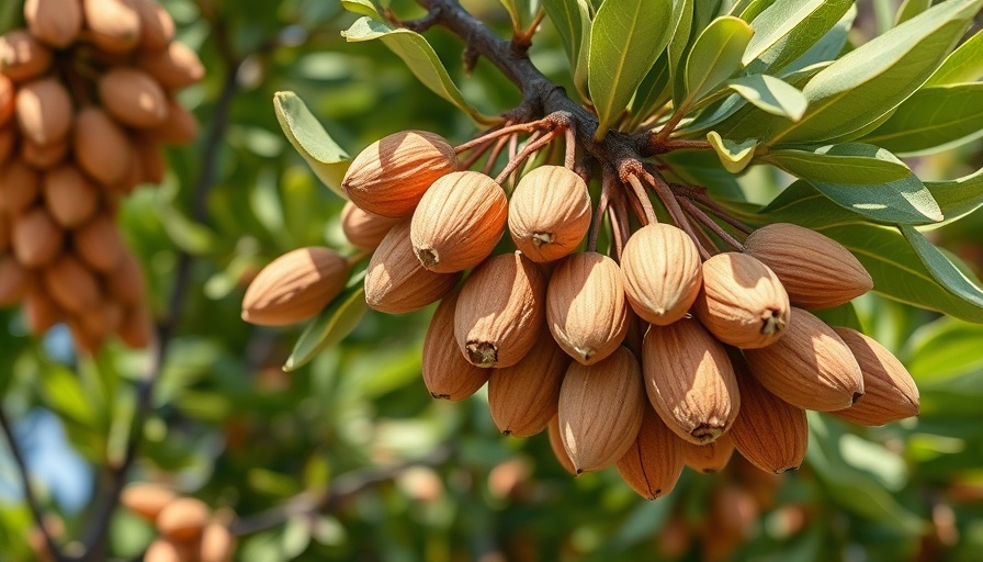 Close-up of almonds on tree, highlighting health benefits of almond oil.