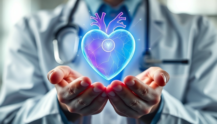 Futuristic holographic heart in doctor's hands highlighting heart risks.