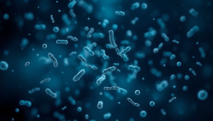 Intricate visualization of gut bacteria glowing, predicting heart attack risk.