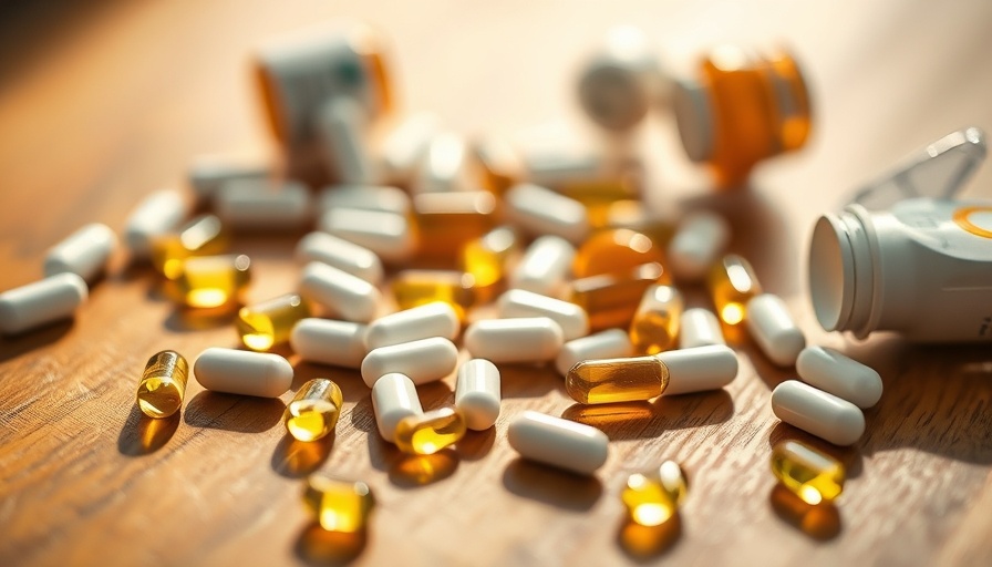 Vitamin D supplements scattered on a wooden table, natural lighting.
