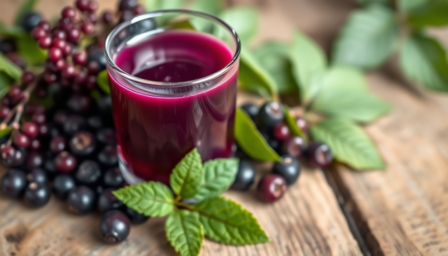 Elderberry juice for weight management on rustic table.