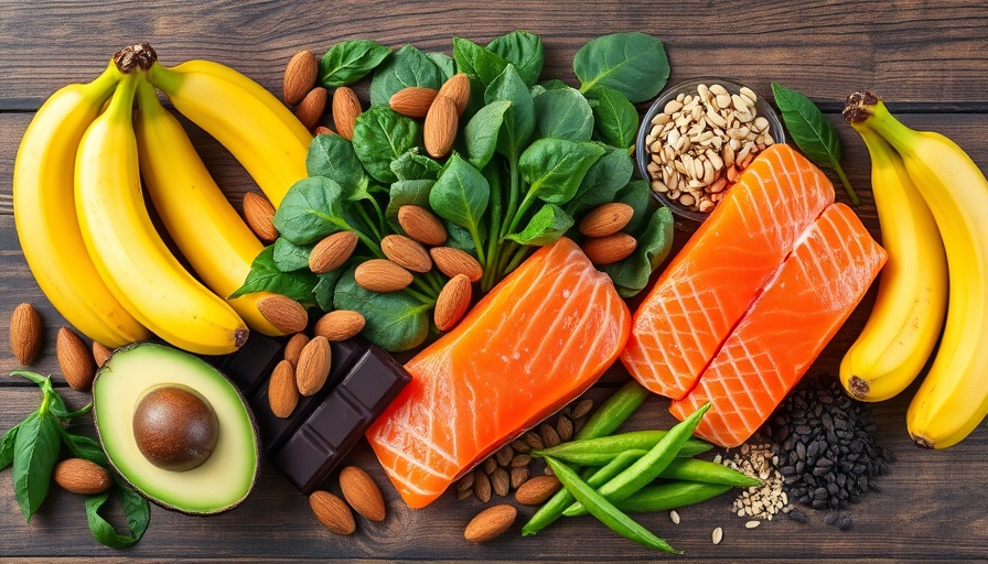Colorful magnesium-rich foods arranged artfully on wooden board.