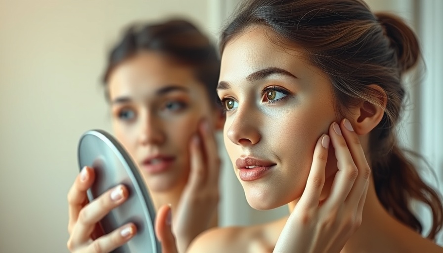 Young woman with skin conditions examining face in mirror.