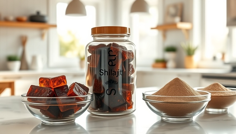 Elegant setup of Shilajit gummies and powder in a sunlit kitchen for SEO on benefits of Shilajit Gummies.
