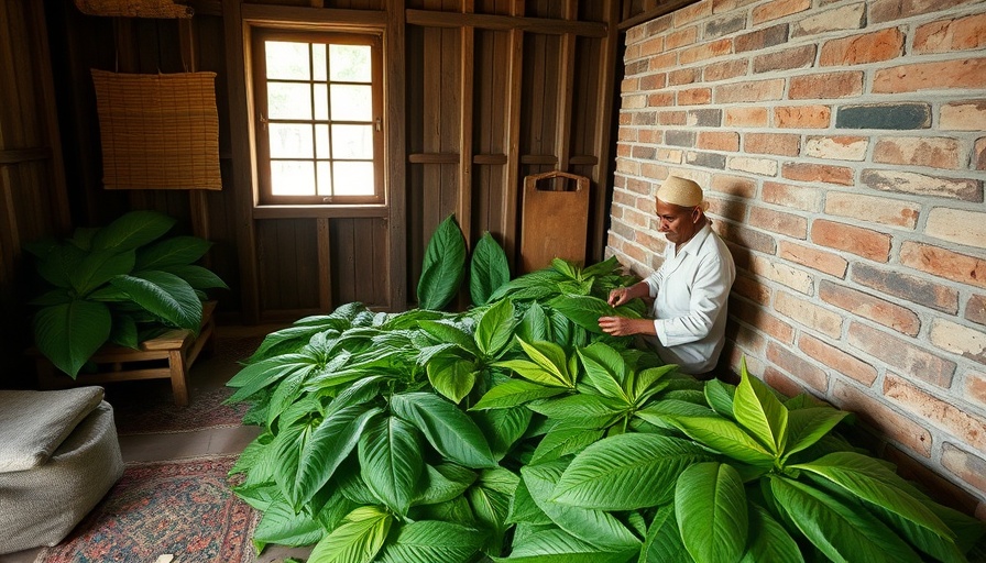Person sorting tobacco leaves in traditional attire, old wooden room.