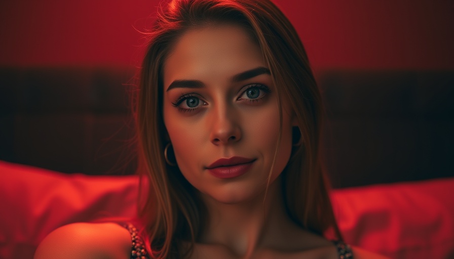 Woman in red light embracing skincare movement, close-up portrait.