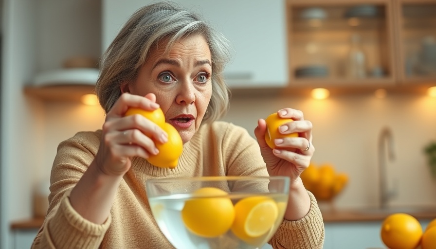 Lemon water health benefits demonstrated by surprised woman in kitchen.